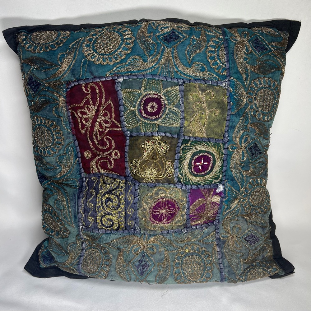 15” Indian Textile Boho Decorative Pillow Sequins Patchwork Beads Embroidered
